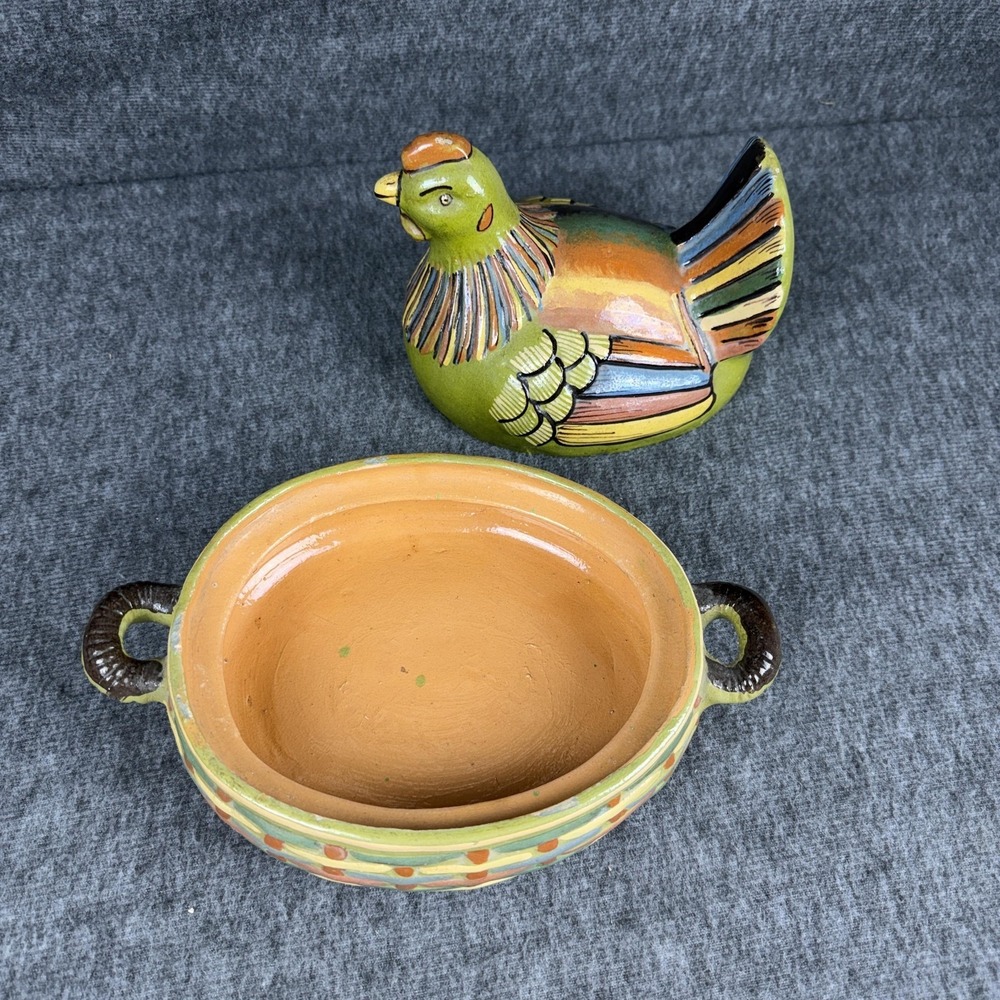 Vintage Mexican Multicolor Ceramic Hen Chicken Nest Dish Terracotta Folk Art - Picture 8 of 12